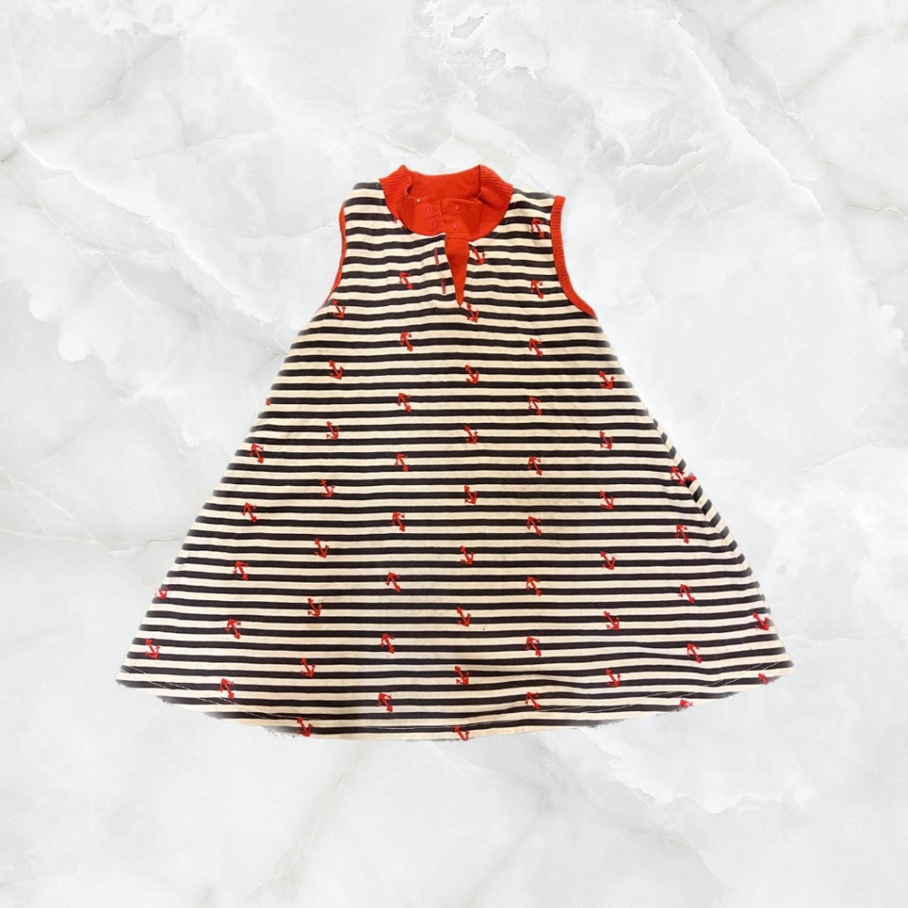 Vintage Red Embroidered Anchors Sleeveless Shirt with White and Navy Stripes